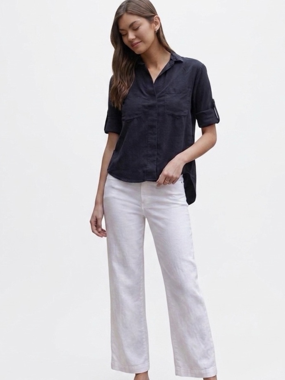 Bella Dahl Back Slit Button Down Roll Up Sleeve Top In Vintage Black Size S